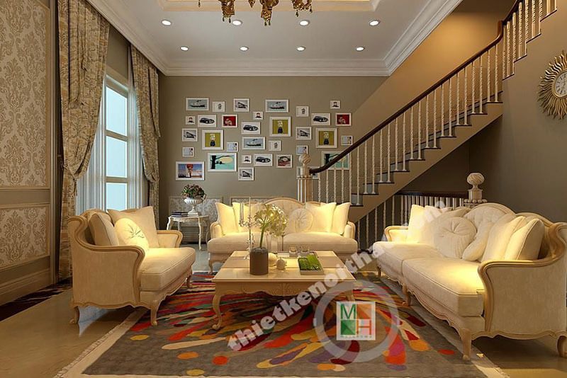 Thiết kế nội thất phòng khách kết hợp giữa phong cách tân cổ điển và sang trọng, cao cấp.